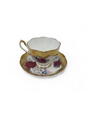 Vintage Queen Anne Bone China Duet Rose Gold Teacup Saucer England